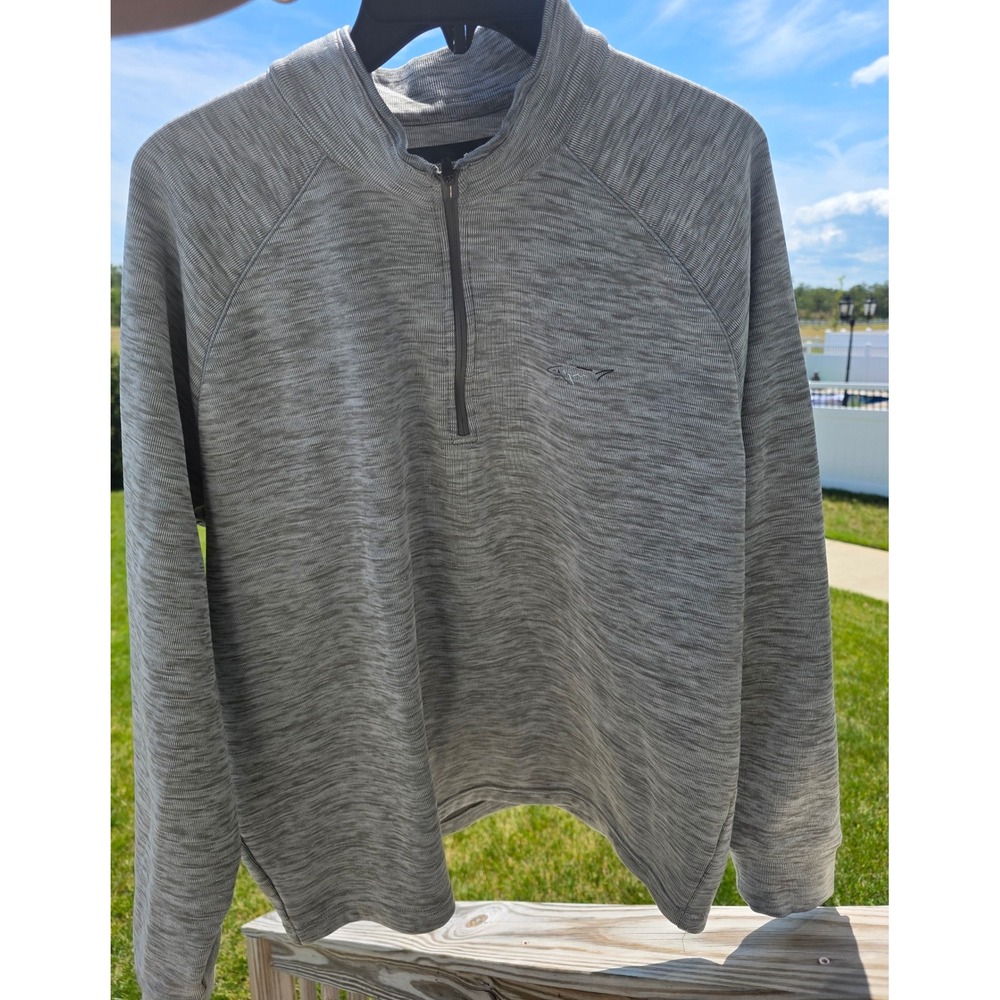 Men's sz L Greg Norman 1/4 Zip Pullover Gray Space Dye Golf Shark Logo Raglan